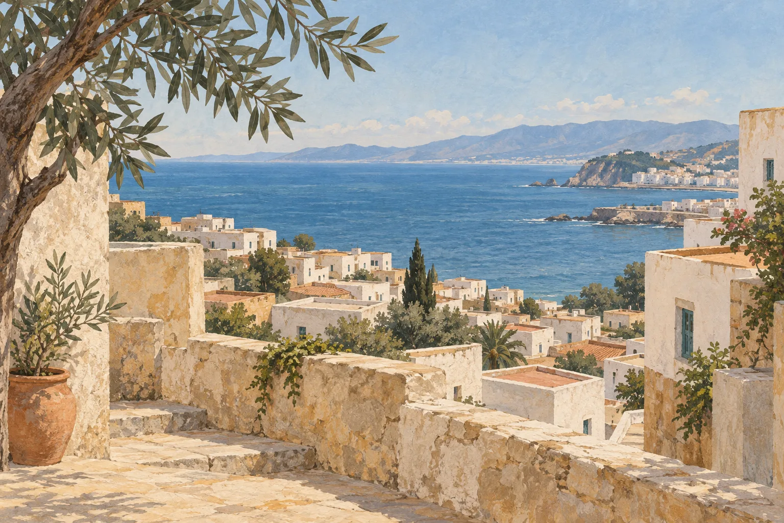 An illustration of whitewashed coastal houses, an olive branch and the Mediterranean Sea