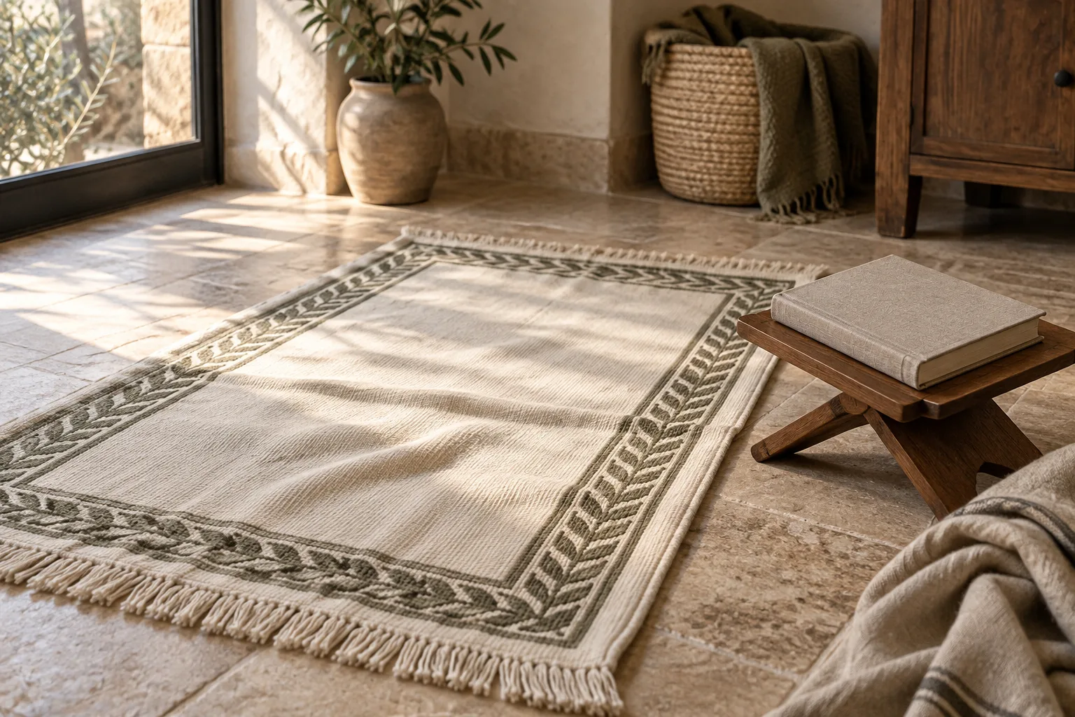 An ivory prayer rug and a closed book on a wooden stand in soft window light