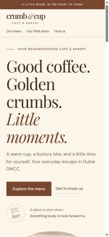Crumb & Cup website on a phone
