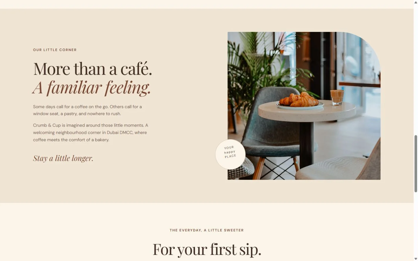Crumb & Cup: Story section on a laptop