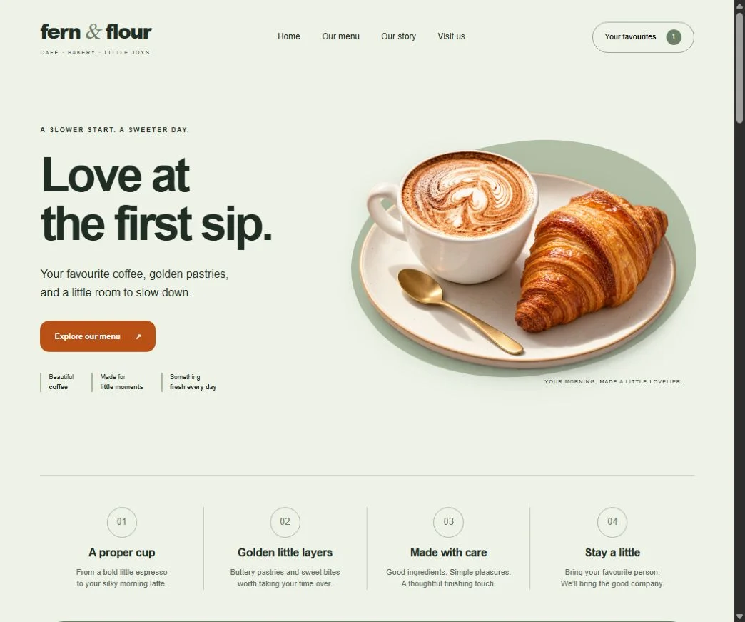 Fern & Flour: Café homepage on a laptop