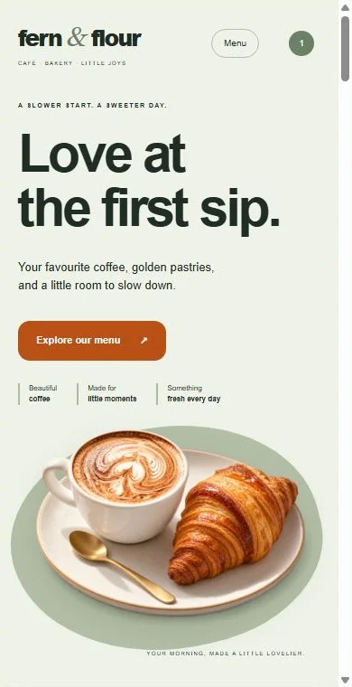 Fern & Flour: Café homepage on a phone