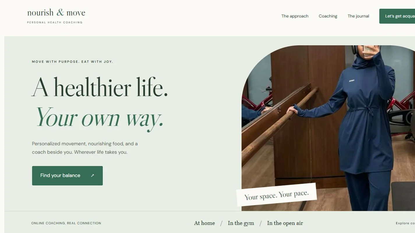 Nourish & Move: Health coaching homepage on a laptop