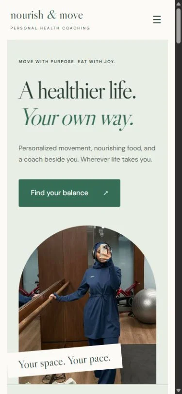 Nourish & Move: Health coaching homepage on a phone