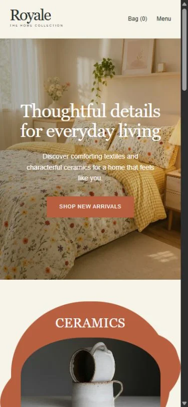 Royale · Shopify: Shopify homepage on a phone