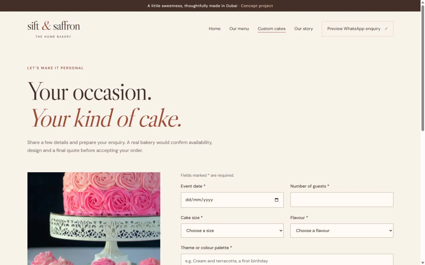 Sift & Saffron: Custom cake enquiry on a laptop