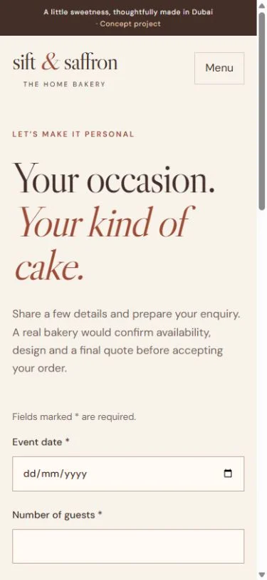 Sift & Saffron: Custom cake enquiry on a phone