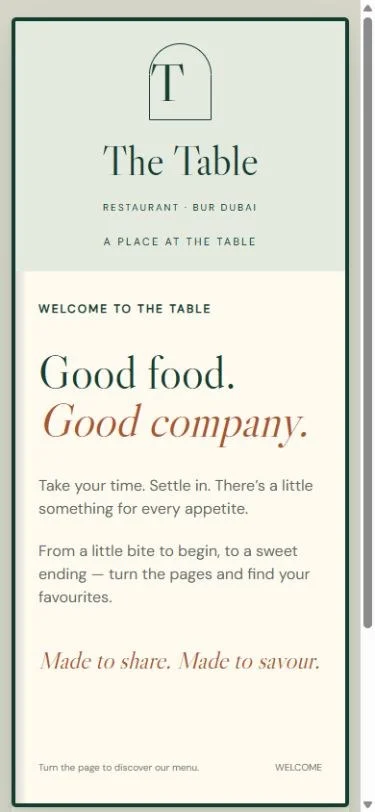The Table: Welcome spread on a phone