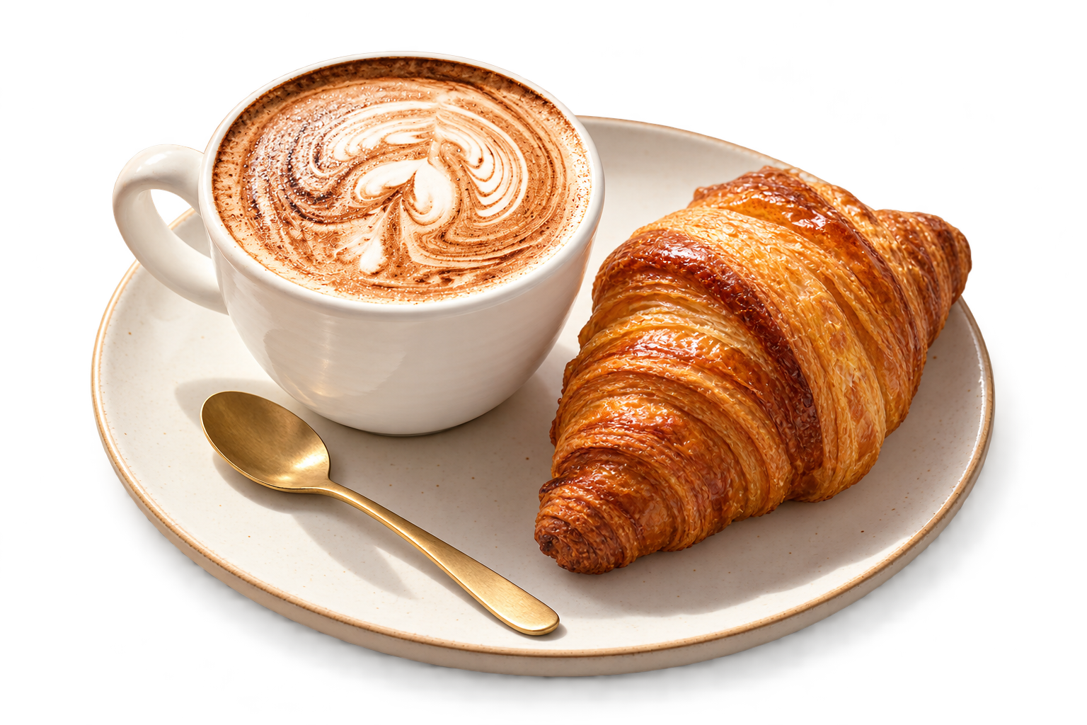 Cappuccino and a golden croissant on a ceramic plate