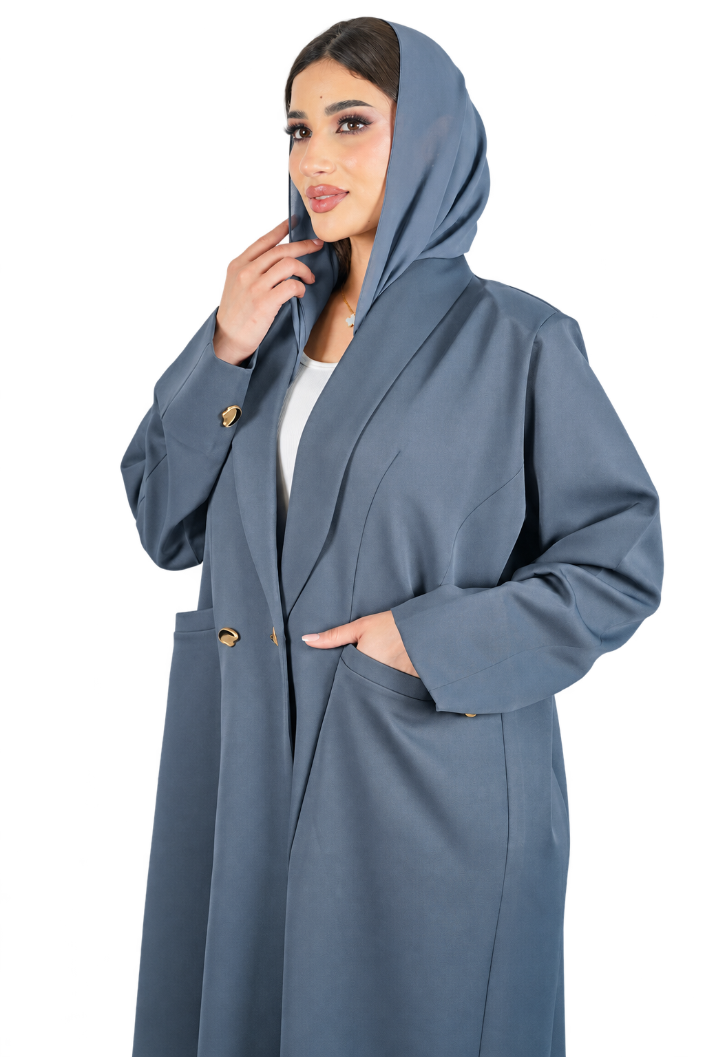 Slate blue tailored abaya with a softly draped scarf