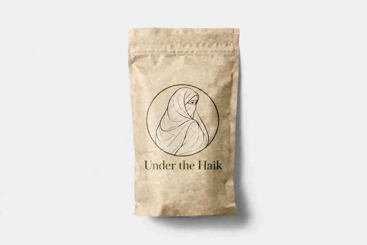 Kraft pouch with the Under the Haik logo above the olive brand name