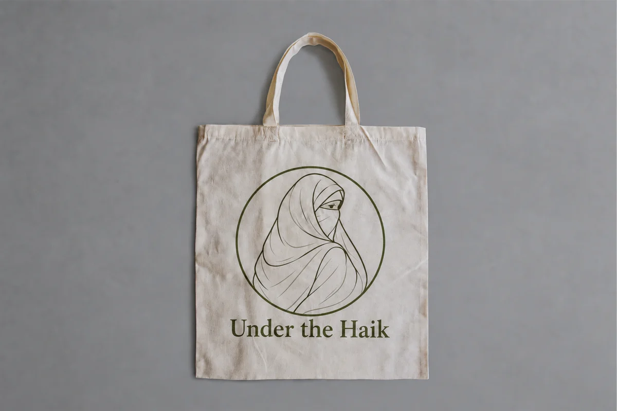 Natural canvas tote bag with the Under the Haik logo and serif brand name